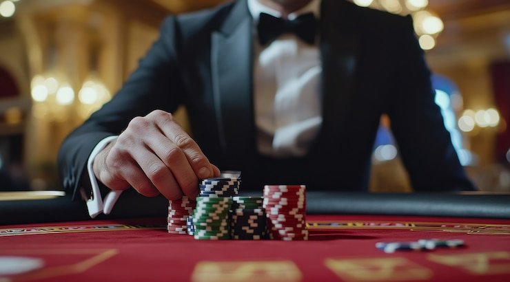 Dealer profesional melempar tiga dadu dalam wadah transparan
